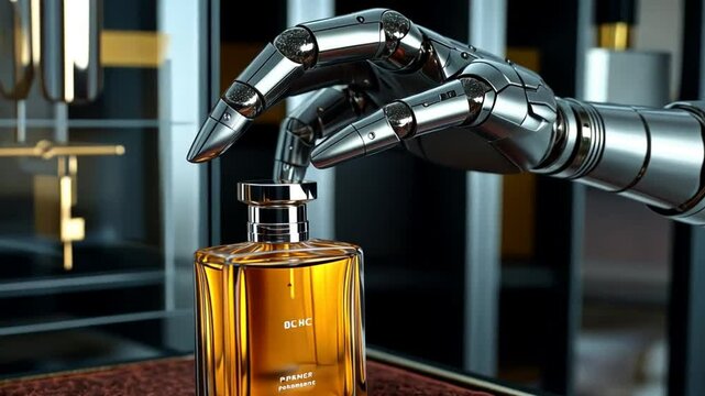 Robotic Hand Presenting Perfume in Luxurious Setting