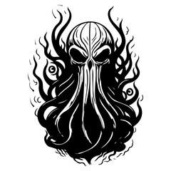 Monochrome Creature with Tentacles and Skull Face