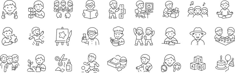 Kindergarten line icon set. Vector pictograms of preschool children activity, drawing, painting, reading, science experiment, cooking, crafting, board games thin linear illustration.