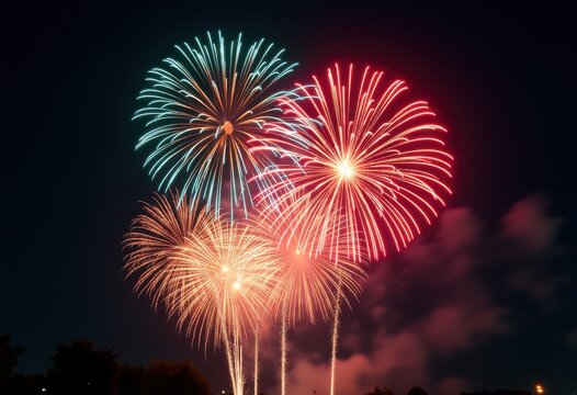 vibrant colorful fireworks bursting dark night sky celebration light display festivity, illumination, explosion, sparkle, festive, twinkle, flare, dazzle