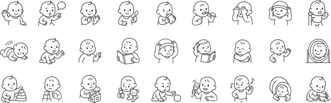 Baby Skills line icon set. Vector pictograms of toddler crawling, feeding, motor coordination, drinking, drawing, empathy, exploration, speech, thin linear illustration.