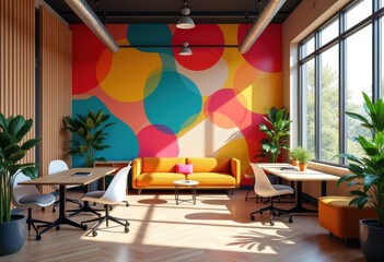 vibrant creative workspace inspiring atmosphere bright colors empowering quotes motivational design, chair, light, paper, bookmark, stationery, painting