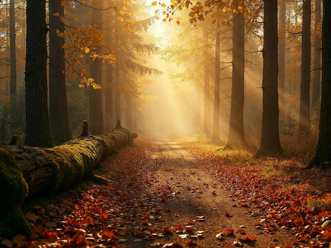 Peaceful forest path in early autumn, with a dirt trail covered in fallen golden leaves, sunlight filtering through tall pine and maple trees - Powered by Adobe