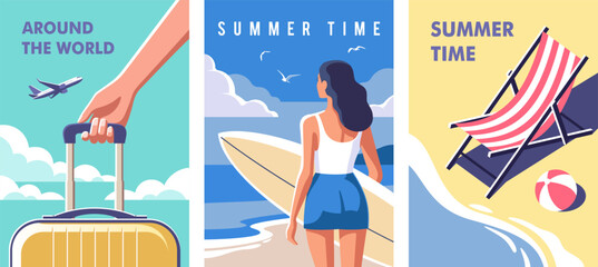 Concept of summer party, vacation. Summer adventures featuring travel, beach activities, and leisure moments across tropical destinations. Vector illustration for posters, cover art, flyer.