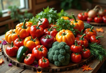 vibrant harvest table seasonal vegetables fresh organic bounty rustic display colorful produce, fruit, root, herb, leaf, green, red, yellow, purple, onion