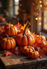 vibrant pumpkin arrangements surrounded rich autumn leaves lively seasonal display, vegetable, orange, harvest, flora, nature, colorful, organic