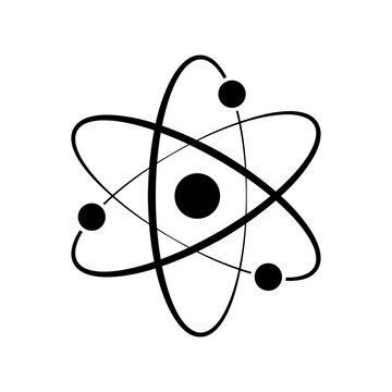 Atomic icon. Black neutron atom logo isolated on a blank background. Nuclear atoms. Core icon. Orbital rotation. The symbol of the proton nucleus. Vector illustration