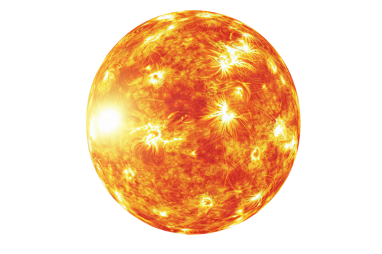 A vibrant, detailed sun radiating heat and light against a transparent background. Prominences and flares abound on the solar surface - Powered by Adobe