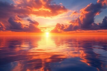 Obraz premium Warm hues reflecting on a placid water at sunset create a serene ambiance. Generative Ai