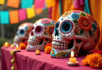 vibrant sugar skulls colorful papel picado festive mexican celebration art decoration, rainbow, lgbtq, lgbt, pride, love, equality, traditional, design, pattern