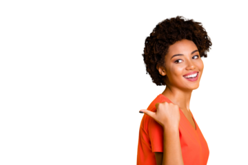 Copyspace photo of cheerful excited attractive cute sweet black girlfriend thumbing at something behind her wearing t-shirt isolated with yellow vivid color background