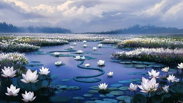 Serpentine River of White Water Lilies in a Dreamlike Landscape