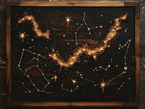 Map of the Milky Way and constellations in a wooden frame