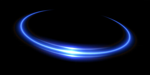 Blue light neon portal isolated on black. Glow energy swirl on dark. Shiny spiral spin ring with flare. Abstract vector illustration.