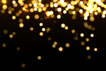 Gold light background with bokeh effect. Golden glittering lights on black background. Festive holiday shiny luxury backdrop. Abstract horizontal vector illustration.