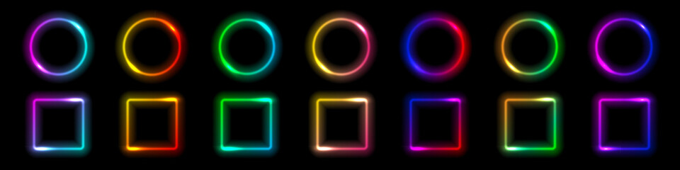 Neon glow round and square light frames. Abstract blurred rainbow light backgrounds. Colored laser bright round and square icons. Colorful geometric graphic vector set isolated on black.
