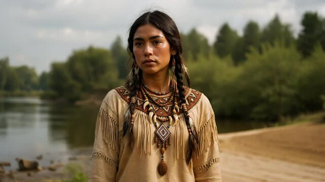Video portrait of a young Native American woman with braids in traditional clothing and jewelry, standing seriously outdoors near a river.