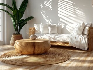 The image portrays a serene and inviting modern living room, bathed in gentle sunlight, which creates a soothing and relaxing atmosphere Scandinavian design principles are clearly evident, showcasing