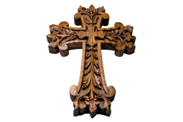 Intricately carved wooden cross with leaf detail. Light brown wood on transparent background. Depth and detail in the carving visible