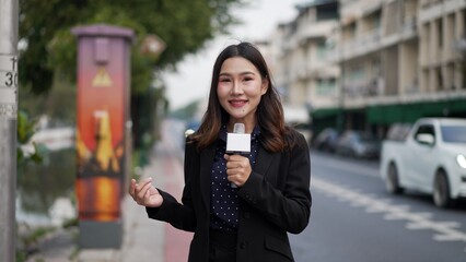 asian female reporter smiling while speaking on city street holding microphone for outdoor news