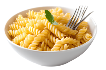 Fusilli pasta in a bowl with a fork, isolated on a transparent background