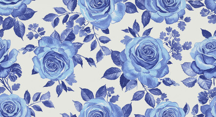 Fototapeta premium A serene watercolor dreamscape of delicate blue roses blooming in a gentle, off-white garden, creating a tranquil and elegant floral pattern.
