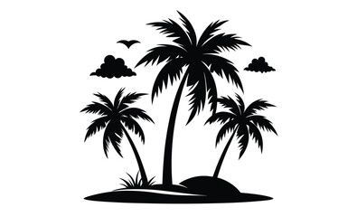 Palm trees beach silhouette, Tropical island vector, Sunset beach scene graphic, Summer vacation illustration