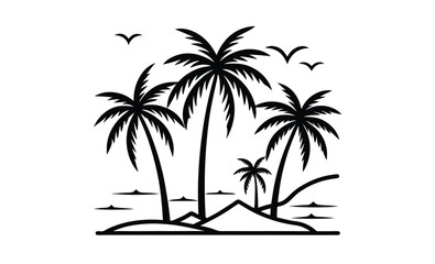 Palm trees beach silhouette, Tropical island vector, Sunset beach scene graphic, Summer vacation illustration