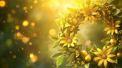 Golden sunflower wreath with fresh leaves, bathed in soft morning light. Radiant summer solstice serenity.
