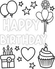 Vector art card design with heart and flower for a happy birthday party celebration, including festive icons and decoration coloring pages.