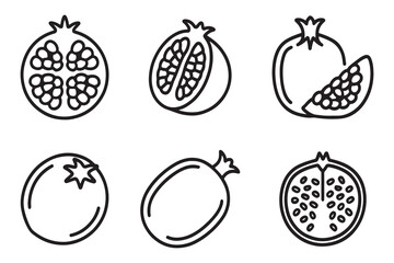 Pomegranate Fruit line art set isolated flat vector illustration on white background.