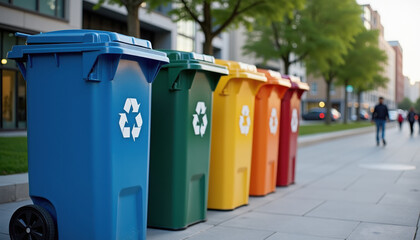 Recycling bins. Urban recycling station with blue, green, yellow, red bins outdoors