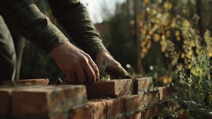 Mason laying bricks for a garden wall. Featuring masonry expertise