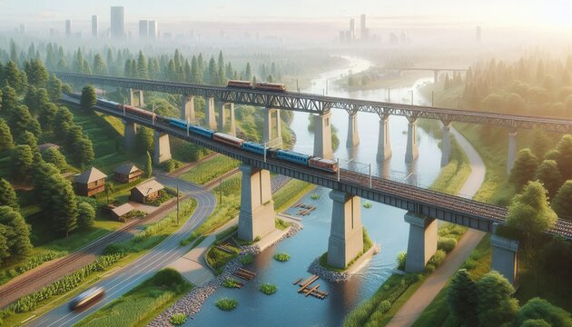 A shortened railway bridge over a river, representing modern abridged transport infrastructure in rural area