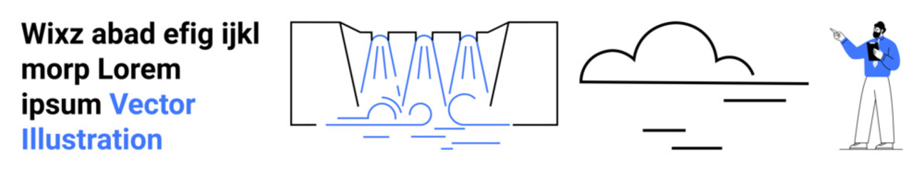 Abstract waterfall with falling streams, a minimal cloud, and a person gesturing toward the scene. Ideal for nature, education, creativity, presentations, minimalism, abstraction simple landing page