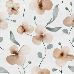 Seamless design of brown watercolor flowers with grey green foliage.
