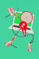 Vertical 3d image photo collage of hands hold light bulb idea finding strategy laptop device...
