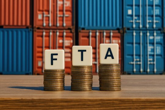 FTA Trade Agreement Concept Letters spelling FTA on stacks of coins with shipping containers in the background suggesting trade and economic agreements.