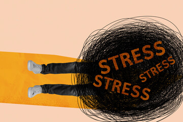 Pop picture collage of person in doodle stress lying on beige yellow background