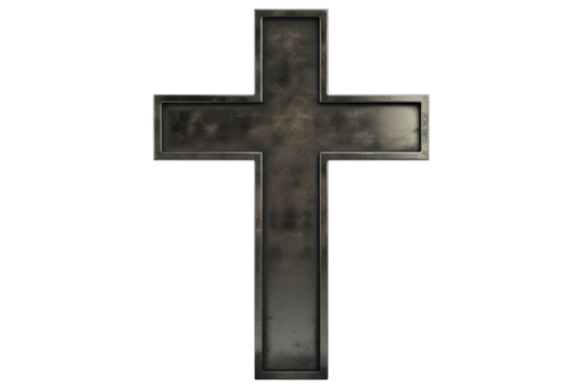 Metal cross with rusty texture. Symbol of faith, tradition. Dark outline against a transparent background - Powered by Adobe