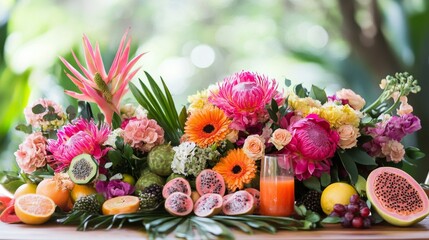 Vibrant Tropical Flower and Fruit Arrangement