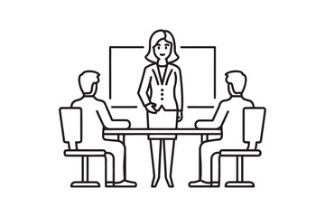 Woman in a business suit engages in conversation with two colleagues in a professional setting line art flat vector illustration.