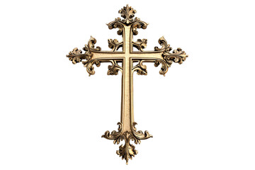 Detailed gold cross on transparent background. Ornamental shape, symbol, and ornate details define the Christian cross. Symbol of faith and religion