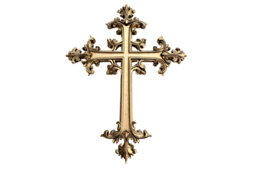 Detailed gold cross on transparent background. Ornamental shape, symbol, and ornate details define the Christian cross. Symbol of faith and religion