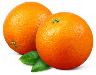 Orange fruit isolated png. Two oranges with leaf on transparent background. Orang fruit no background with transparent shadow. Full depth of field. Transparent png