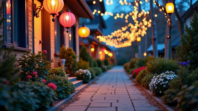 A Colorful Lantern Illuminates a Pathway at Dusk Beautifully