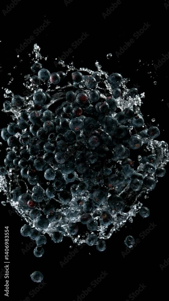 Aufkleber super slow motion of rotating blueberries with splashing water, top view. filmed on high speed cinem