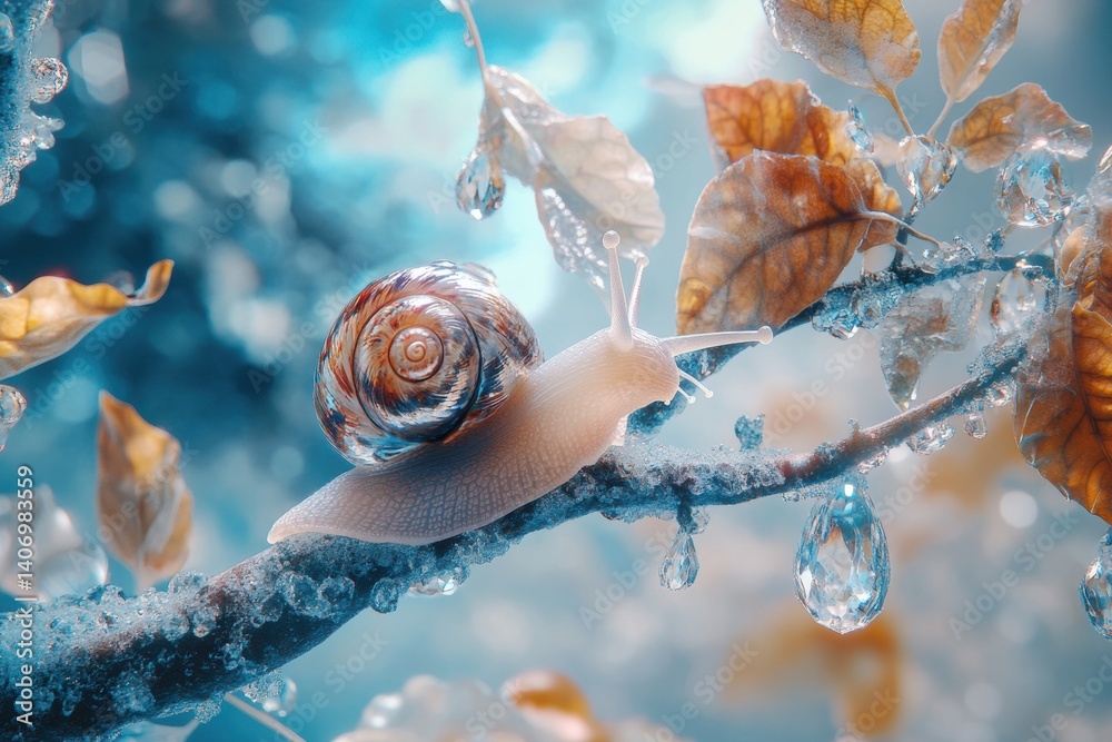 Poster whimsical snail with a crystal shell reflects natures beauty in a serene forest setting