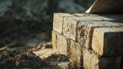 Fototapeta premium Mason laying bricks for a new wall foundation. Featuring brick laying