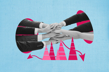 Creative design composite trend collage of hiring recruitment entrepreneur trade many hands teamwork hold together success arrow graphics